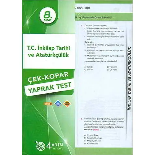 8. Sınıf T.C. İnkılap Tarihi ve Atatürkçülük Çek-Kopar Yaprak Test - Kolektif - 4 Adım Yayınları