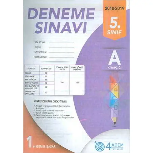 5.Sınıf Deneme Sınavı (A Kitapçığı) 4 Adım Yayınları