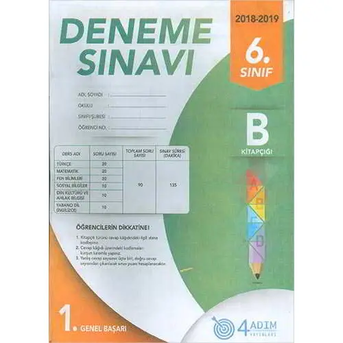 6.Sınıf Deneme Sınavı (B Kitapçığı) 4 Adım Yayınları