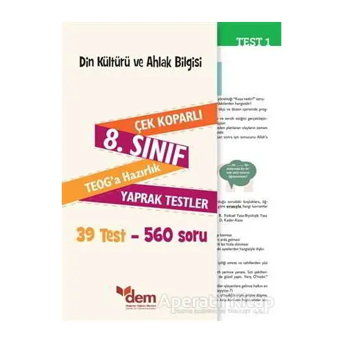 8. Sınıf TEOG Din Kültürü ve Ahlak Bilgisi Çek Koparlı Yaprak Testler - Kolektif - Dem Yayınları