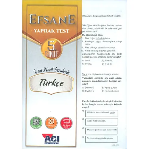 Açı 5.Sınıf Türkçe Efsane Yaprak Test