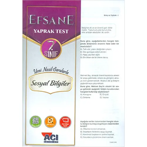 Açı 7.Sınıf Sosyal Bilgiler Efsane Yaprak Test