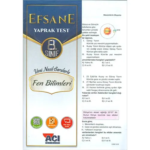 Açı 8.Sınıf Fen Bilimleri Efsane Yaprak Test