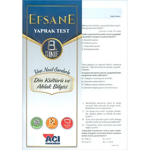 Açı 8.Sınıf Din Kültürü Efsane Yaprak Test