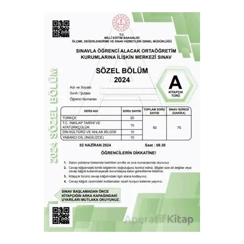 2024 LGS Tıpkıbasım Sözel Bölüm A Kitapçık Türü - Kolektif - Evrensel İletişim Yayınları