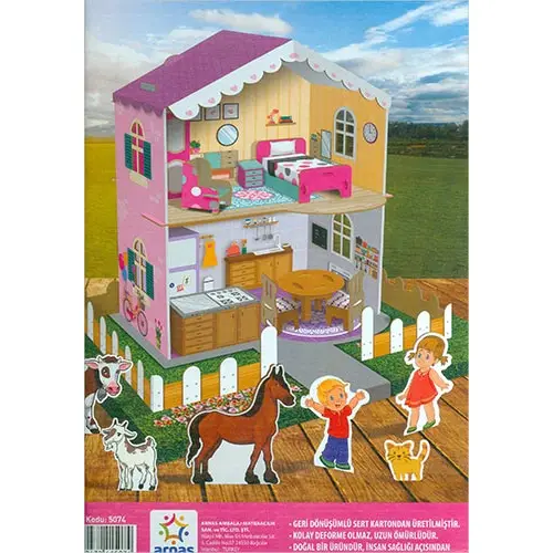 Mobilyalı Çiftlik Oyun Evi 3D Karton Maket Boyama Evi Arnas Toys